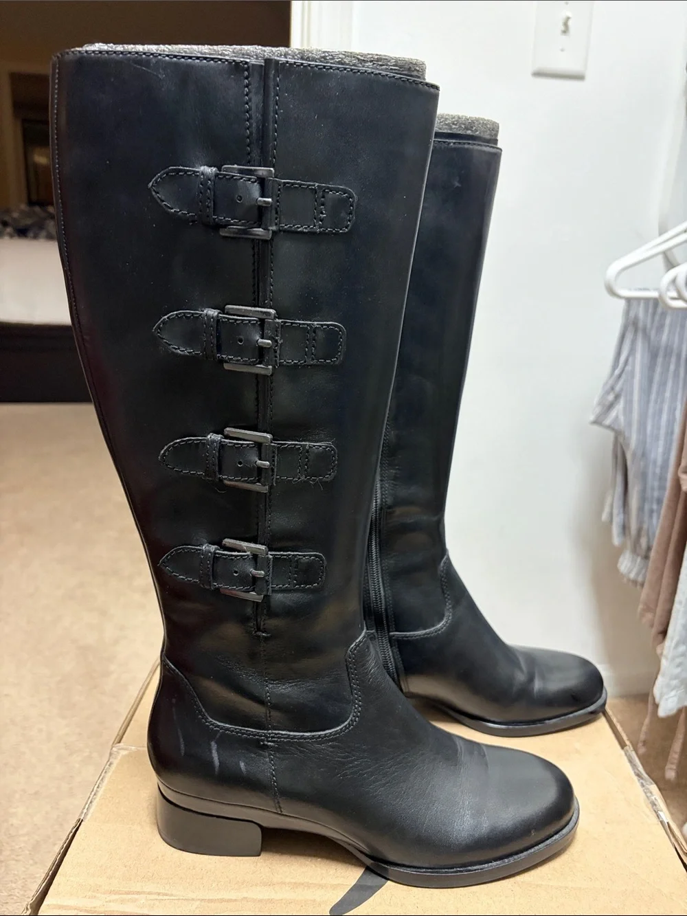 Ecco Black Leather Tall Buckle Boots – Size 38